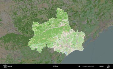 Beziers. Fransa 'nın idari alanı koyu renk bir OpenStreetMap tarzı Fransız haritasına vurgulandı ve özetlendi