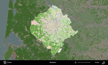 Bordo şarabı. Fransa 'nın idari alanı koyu renk bir OpenStreetMap tarzı Fransız haritasına vurgulandı ve özetlendi