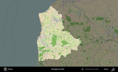 Boulogne-sur-Mer. Fransa 'nın idari alanı koyu renk bir OpenStreetMap tarzı Fransız haritasına vurgulandı ve özetlendi