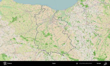 Caen. OpenStreetMap Fransız stili haritasında Fransa 'nın idari bölgesinin ana hatları belirlendi