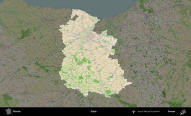 Caen. Fransa 'nın idari alanı koyu renk bir OpenStreetMap tarzı Fransız haritasına vurgulandı ve özetlendi