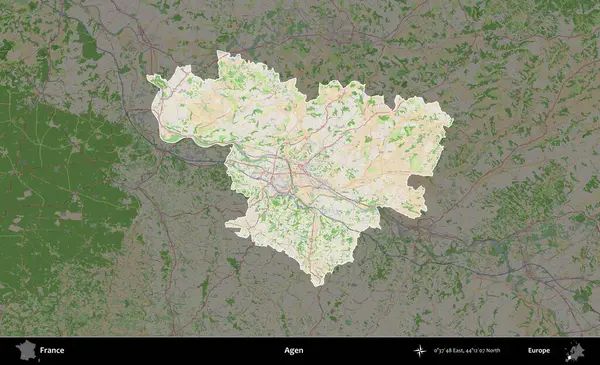 Agen. Fransa 'nın idari alanı koyu renk bir OpenStreetMap tarzı Fransız haritasına vurgulandı ve özetlendi