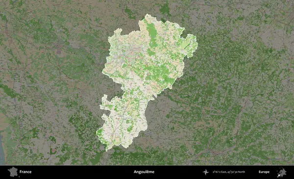 Angoume. Fransa 'nın idari alanı koyu renk bir OpenStreetMap tarzı Fransız haritasına vurgulandı ve özetlendi