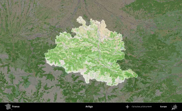 Ariege. Fransa 'nın idari alanı koyu renk bir OpenStreetMap tarzı Fransız haritasına vurgulandı ve özetlendi