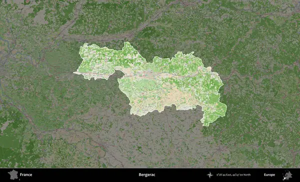 Bergerac. Fransa 'nın idari alanı koyu renk bir OpenStreetMap tarzı Fransız haritasına vurgulandı ve özetlendi