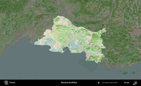 Bouches-du-Rhone. Fransa 'nın idari alanı koyu renk bir OpenStreetMap tarzı Fransız haritasına vurgulandı ve özetlendi