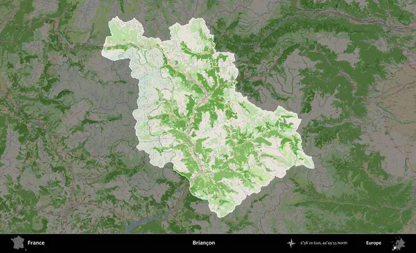 Briancon. Fransa 'nın idari alanı koyu renk bir OpenStreetMap tarzı Fransız haritasına vurgulandı ve özetlendi