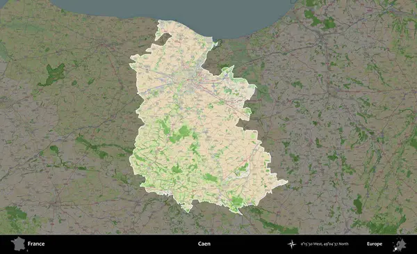 Caen. Fransa 'nın idari alanı koyu renk bir OpenStreetMap tarzı Fransız haritasına vurgulandı ve özetlendi