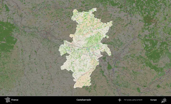 Castelsarrasin. Fransa 'nın idari alanı koyu renk bir OpenStreetMap tarzı Fransız haritasına vurgulandı ve özetlendi