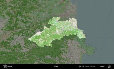 Çerçeve. Fransa 'nın idari alanı koyu renk bir OpenStreetMap tarzı Fransız haritasına vurgulandı ve özetlendi