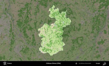 Chateau-Chinon (Ville). Fransa 'nın idari alanı koyu renk bir OpenStreetMap tarzı Fransız haritasına vurgulandı ve özetlendi