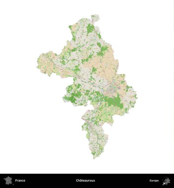 Chateauroux. Fransa 'nın idari bölgesi bir OpenStreetMap Fransız tarzı haritada beyazda izole edildi