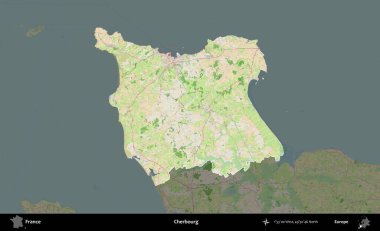 Cherbourg 'da. Fransa 'nın idari alanı koyu renk bir OpenStreetMap tarzı Fransız haritasına vurgulandı ve özetlendi
