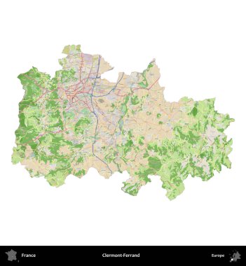 Clermont-Ferrand. Fransa 'nın idari bölgesi bir OpenStreetMap Fransız tarzı haritada beyazda izole edildi