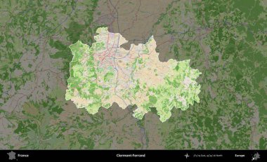 Clermont-Ferrand. Fransa 'nın idari alanı koyu renk bir OpenStreetMap tarzı Fransız haritasına vurgulandı ve özetlendi