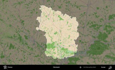 Clermont 'ta. Fransa 'nın idari alanı koyu renk bir OpenStreetMap tarzı Fransız haritasına vurgulandı ve özetlendi