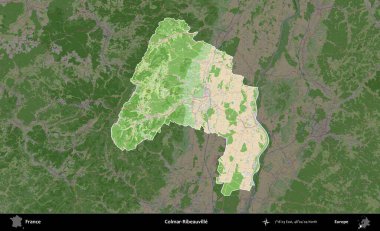 Colmar-Ribeauville 'de. Fransa 'nın idari alanı koyu renk bir OpenStreetMap tarzı Fransız haritasına vurgulandı ve özetlendi