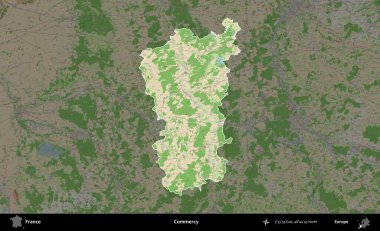 Merhamet et. Fransa 'nın idari alanı koyu renk bir OpenStreetMap tarzı Fransız haritasına vurgulandı ve özetlendi