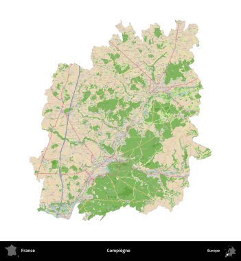Compiegne. Fransa 'nın idari bölgesi bir OpenStreetMap Fransız tarzı haritada beyazda izole edildi