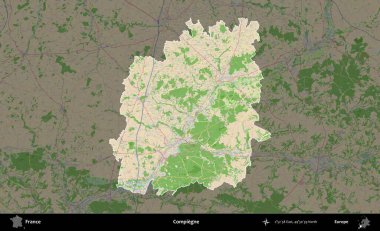 Compiegne. Fransa 'nın idari alanı koyu renk bir OpenStreetMap tarzı Fransız haritasına vurgulandı ve özetlendi
