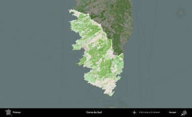 Corse-du-Sud. Fransa 'nın idari alanı koyu renk bir OpenStreetMap tarzı Fransız haritasına vurgulandı ve özetlendi