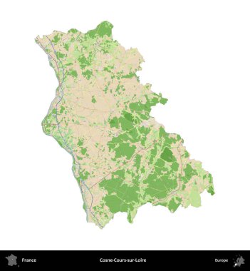 Cosne-Cours-sur-Loire. Fransa 'nın idari bölgesi bir OpenStreetMap Fransız tarzı haritada beyazda izole edildi