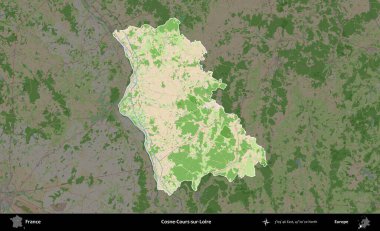 Cosne-Cours-sur-Loire. Fransa 'nın idari alanı koyu renk bir OpenStreetMap tarzı Fransız haritasına vurgulandı ve özetlendi