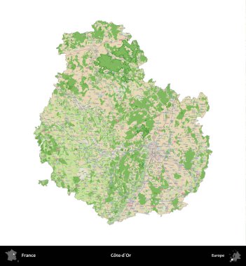 Cote-d'Or. Fransa 'nın idari bölgesi bir OpenStreetMap Fransız tarzı haritada beyazda izole edildi