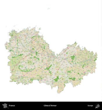 Cotes-d'Armor. Fransa 'nın idari bölgesi bir OpenStreetMap Fransız tarzı haritada beyazda izole edildi