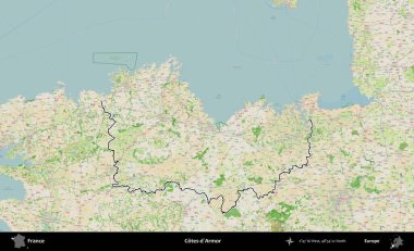 Cotes-d'Armor. OpenStreetMap Fransız stili haritasında Fransa 'nın idari bölgesinin ana hatları belirlendi