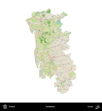 Coutances. Fransa 'nın idari bölgesi bir OpenStreetMap Fransız tarzı haritada beyazda izole edildi