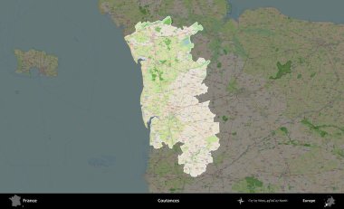 Coutances. Fransa 'nın idari alanı koyu renk bir OpenStreetMap tarzı Fransız haritasına vurgulandı ve özetlendi