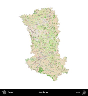Deux-Sevres. Fransa 'nın idari bölgesi bir OpenStreetMap Fransız tarzı haritada beyazda izole edildi