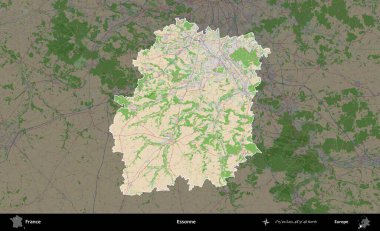 Essonne. Fransa 'nın idari alanı koyu renk bir OpenStreetMap tarzı Fransız haritasına vurgulandı ve özetlendi