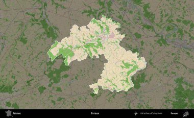 Evreux. Fransa 'nın idari alanı koyu renk bir OpenStreetMap tarzı Fransız haritasına vurgulandı ve özetlendi
