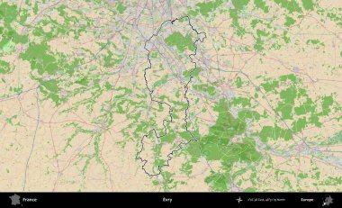Evry. OpenStreetMap Fransız stili haritasında Fransa 'nın idari bölgesinin ana hatları belirlendi