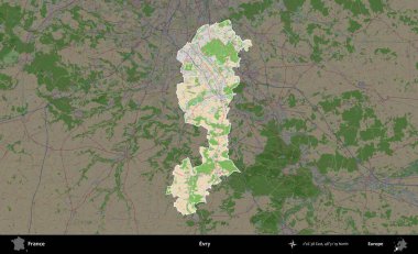 Evry. Fransa 'nın idari alanı koyu renk bir OpenStreetMap tarzı Fransız haritasına vurgulandı ve özetlendi