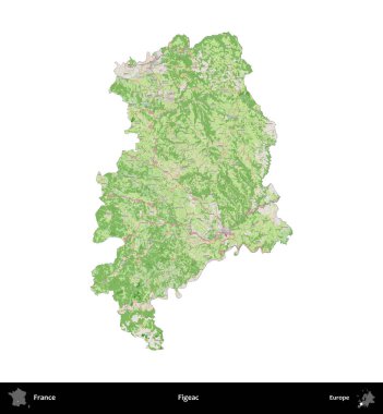Figeac. Fransa 'nın idari bölgesi bir OpenStreetMap Fransız tarzı haritada beyazda izole edildi