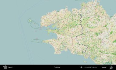 Finistere. OpenStreetMap Fransız stili haritasında Fransa 'nın idari bölgesinin ana hatları belirlendi