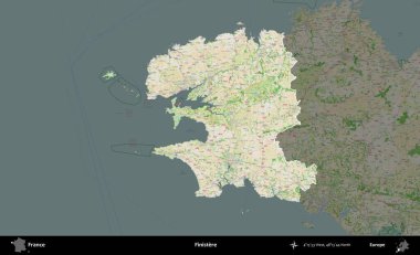 Finistere. Fransa 'nın idari alanı koyu renk bir OpenStreetMap tarzı Fransız haritasına vurgulandı ve özetlendi