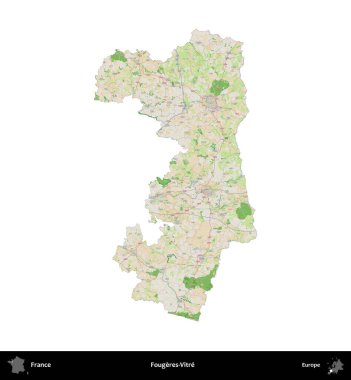 Fougeres-Vitre. Fransa 'nın idari bölgesi bir OpenStreetMap Fransız tarzı haritada beyazda izole edildi