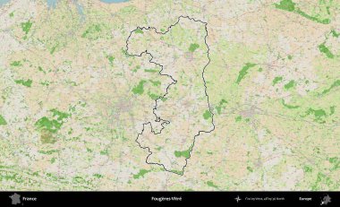 Fougeres-Vitre. OpenStreetMap Fransız stili haritasında Fransa 'nın idari bölgesinin ana hatları belirlendi
