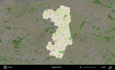 Fougeres-Vitre. Fransa 'nın idari alanı koyu renk bir OpenStreetMap tarzı Fransız haritasına vurgulandı ve özetlendi
