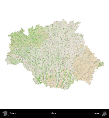 Gers. Fransa 'nın idari bölgesi bir OpenStreetMap Fransız tarzı haritada beyazda izole edildi