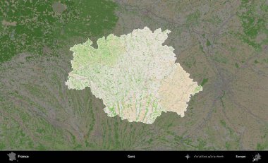 Gers. Fransa 'nın idari alanı koyu renk bir OpenStreetMap tarzı Fransız haritasına vurgulandı ve özetlendi