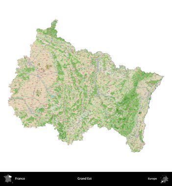 Grand Est. Fransa 'nın idari bölgesi bir OpenStreetMap Fransız tarzı haritada beyazda izole edildi