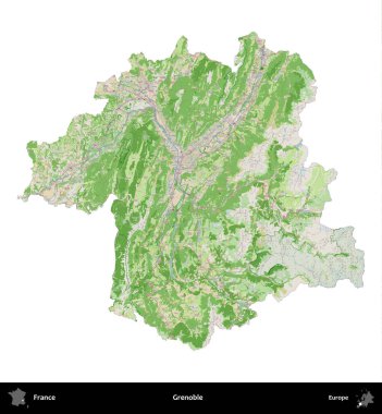 Grenoble. Fransa 'nın idari bölgesi bir OpenStreetMap Fransız tarzı haritada beyazda izole edildi
