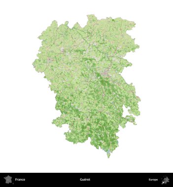 Gueret. Fransa 'nın idari bölgesi bir OpenStreetMap Fransız tarzı haritada beyazda izole edildi