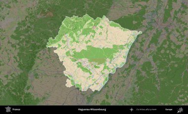 Haguenau-Wissembourg 'da. Fransa 'nın idari alanı koyu renk bir OpenStreetMap tarzı Fransız haritasına vurgulandı ve özetlendi