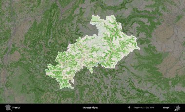 Hautes-Alpes. Fransa 'nın idari alanı koyu renk bir OpenStreetMap tarzı Fransız haritasına vurgulandı ve özetlendi